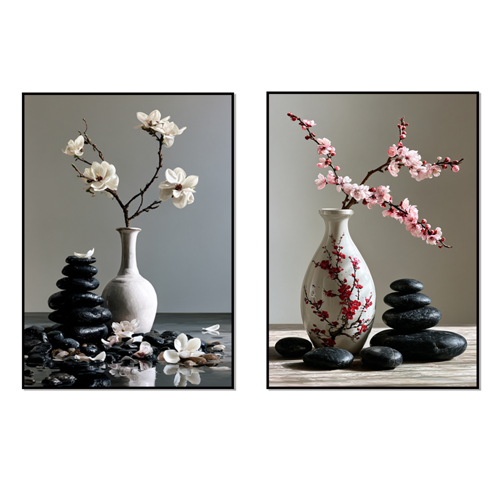 일본식 벚꽃과 목련 꽃병과 검은 돌이 쌓여 있는 그림이 - Japanese Zen Lifestyle 리뷰 및 가격