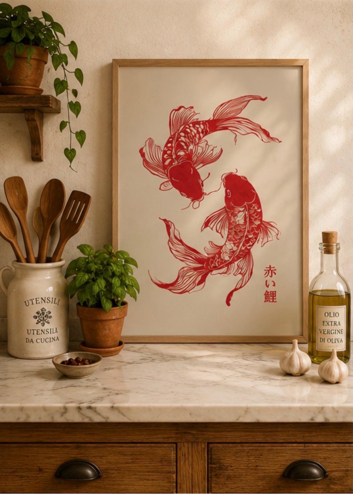 코이 물고기 일본 라인 아트 포스터 젠 목판 스타일 모 - Japanese Zen Lifestyle 리뷰 및 가격